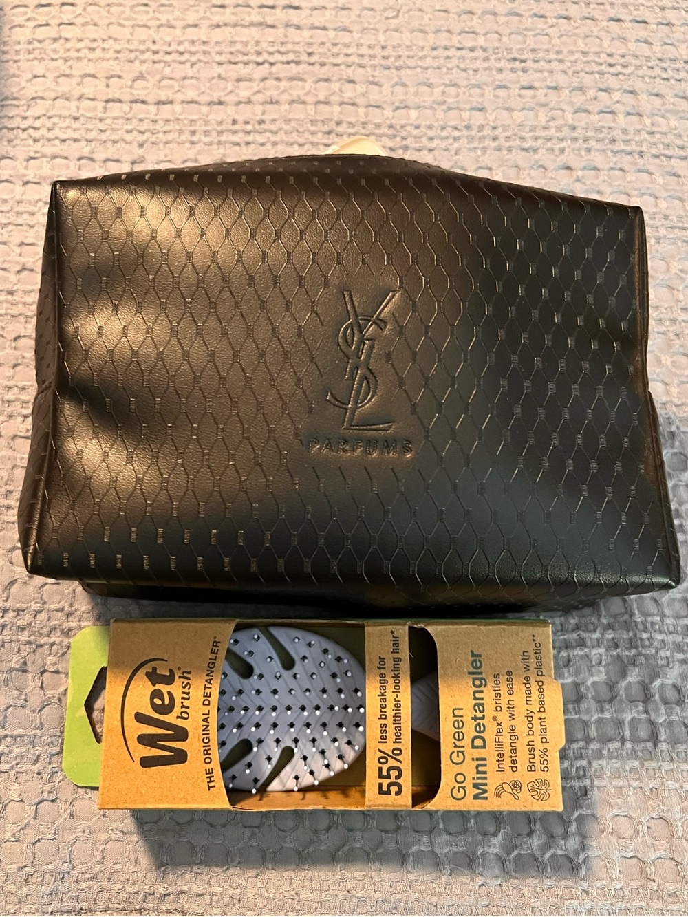 YSL PARFUMS Black Embossed Toiletry Pouch with Hair Care and Skincare Bundle